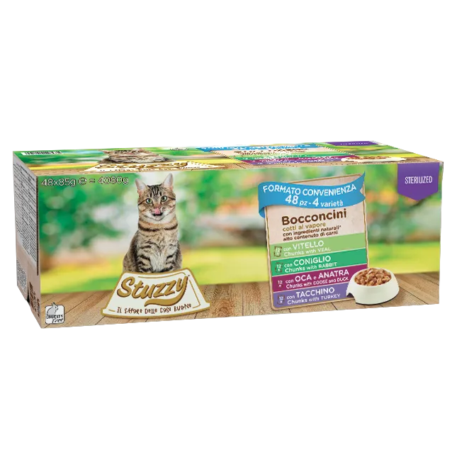 multipack bocconcini per gatti sterilizzati con vitello con tacchino con coniglio con oca e anatra